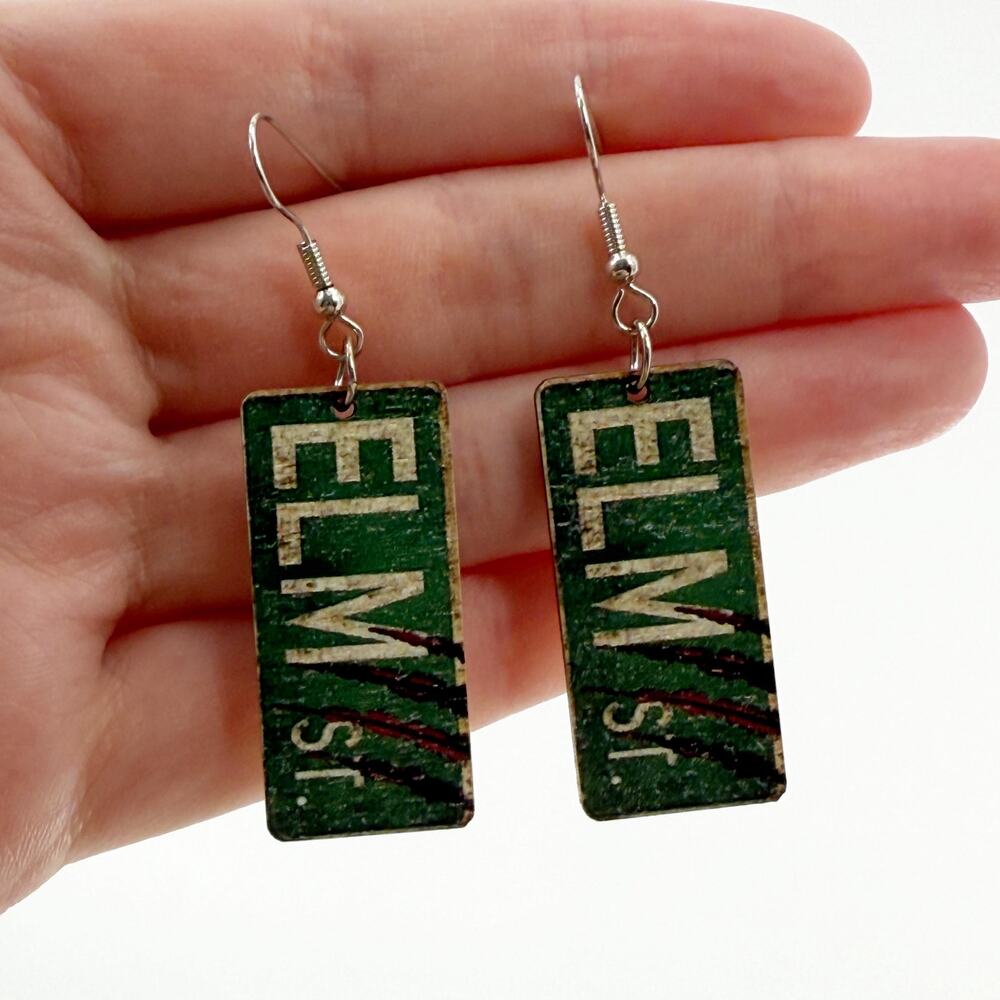 Elm Street Sign Dangle Earrings, Nightmare On Elm St Scary Movie Inspired